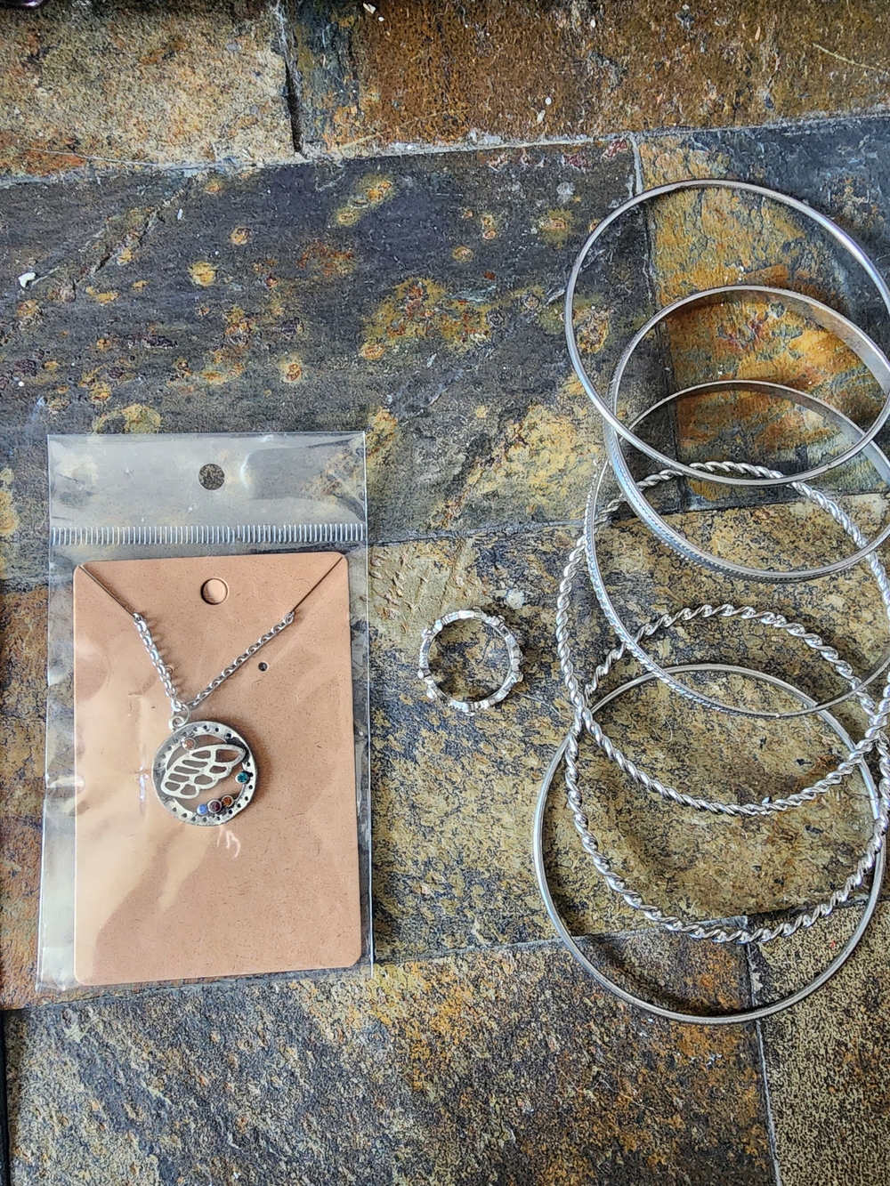 6 Bangles 1Necklace 1 Ring Silver-Tone Jewelry Lot 8 PC Total